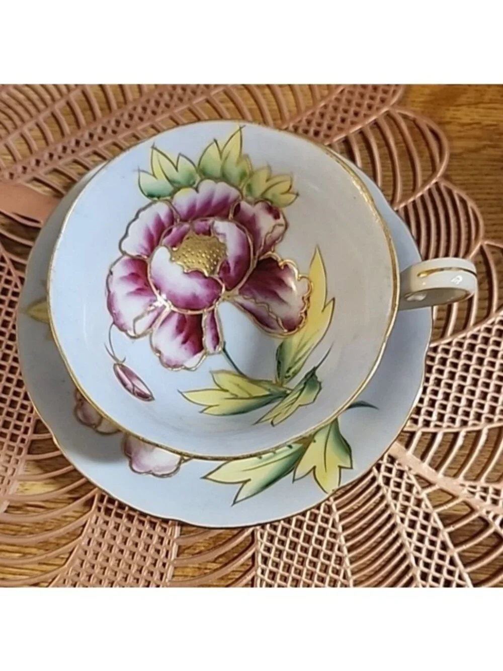 Hand Painted Gold Tea Cup & Saucer Set Vintage Bone China Blue Pink Porcelain